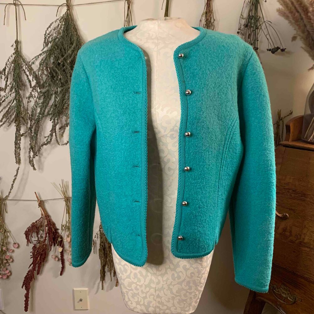 Vintage Carroll Reed Ski Shops Teal Wool Cardigan Lady Jacket Medium